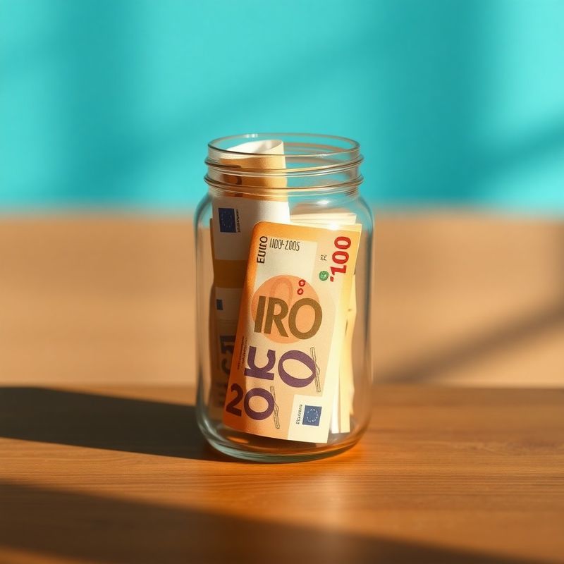 Borcan de sticlă cu bancnote euro și lei pe o suprafață de lemn, lumină naturală și fundal azur