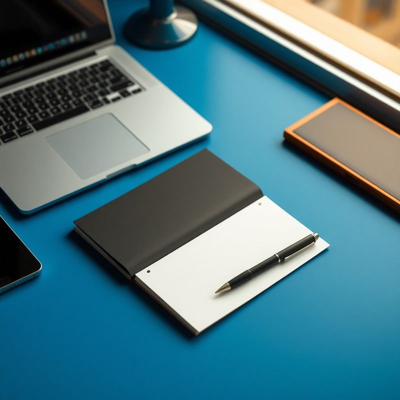 Caiet financiar, pix și laptop pe un birou albastru azure, lumină editorial-modernă