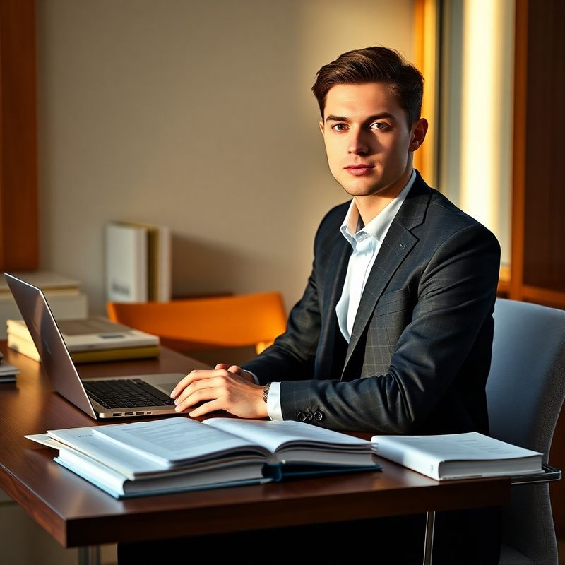 Portret editorial al unui tânăr profesionist român la birou cu cărți financiare și laptop
