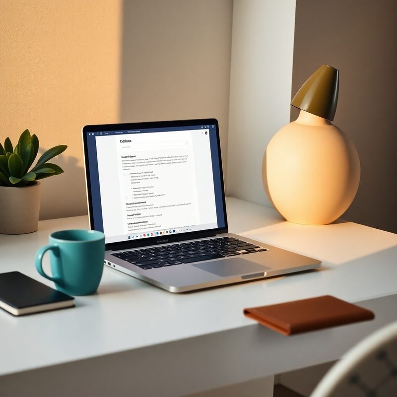 Birou editorial curat cu laptop deschis pe fereastra de compunere e-mail și cană azur alături
